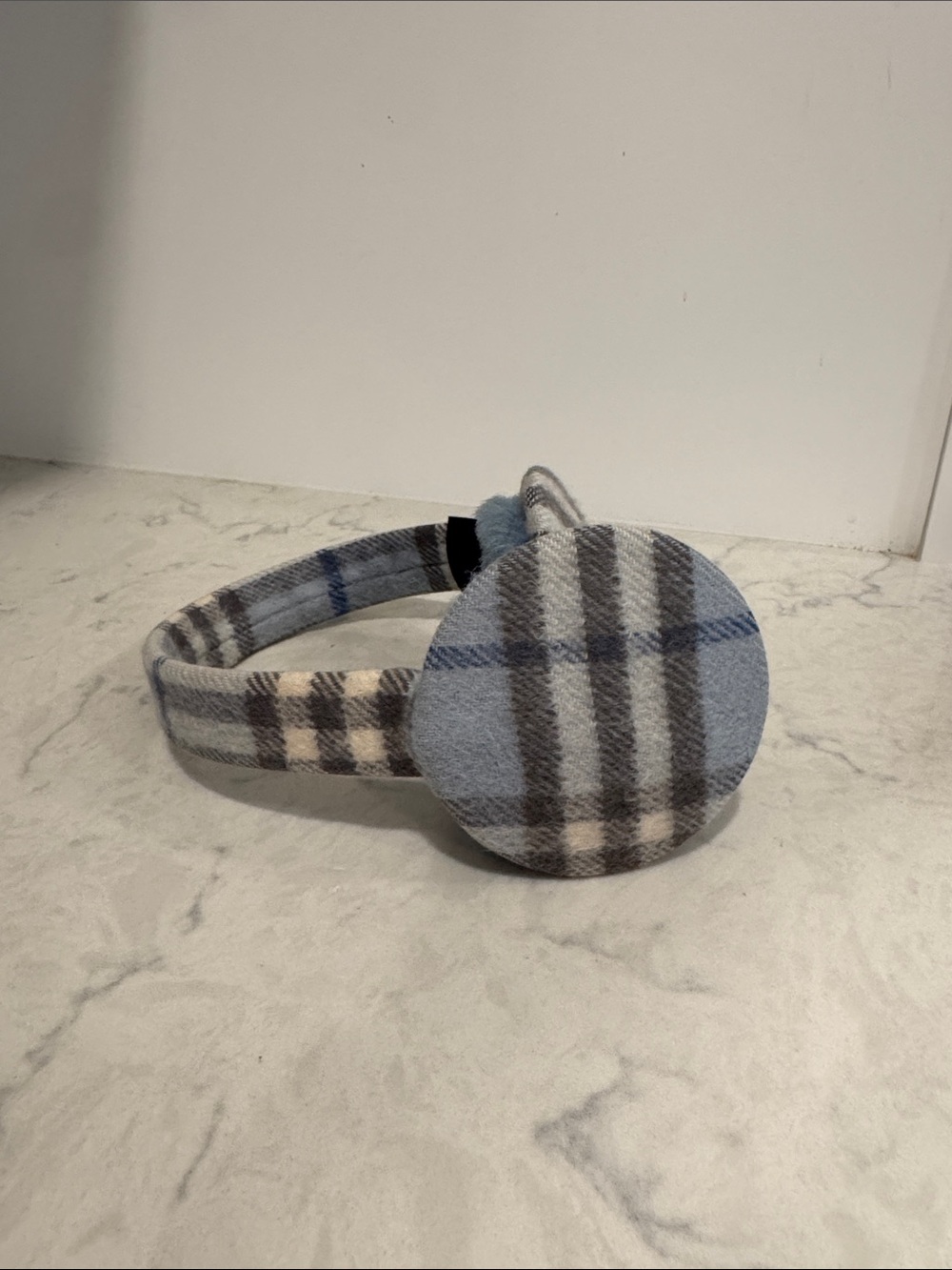 Burberry Women’s Plaid Fleece Ear Muffs in Light Blue and Gray